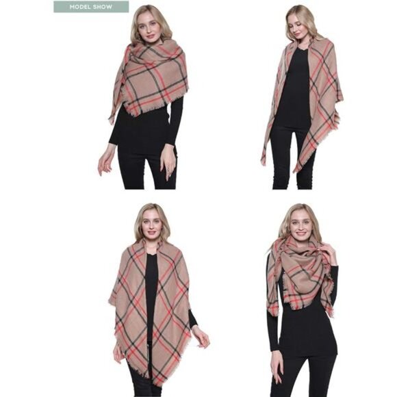 Plaid Print Oversized Blanket Scarf Tartan Checked Shawl Wrap Pashmina Tan Red - Picture 2 of 6
